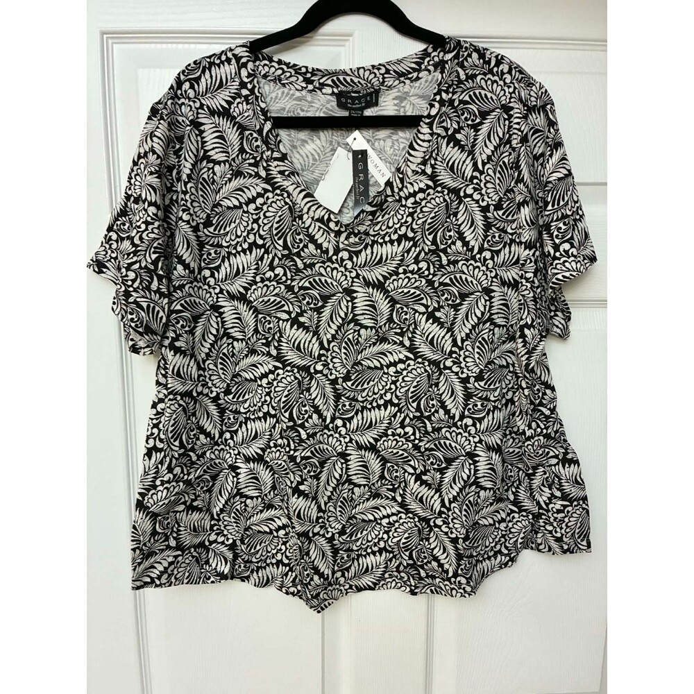 Grace Blouse Womens 2X Black White Leaf Print Cotton V-Neck Casual